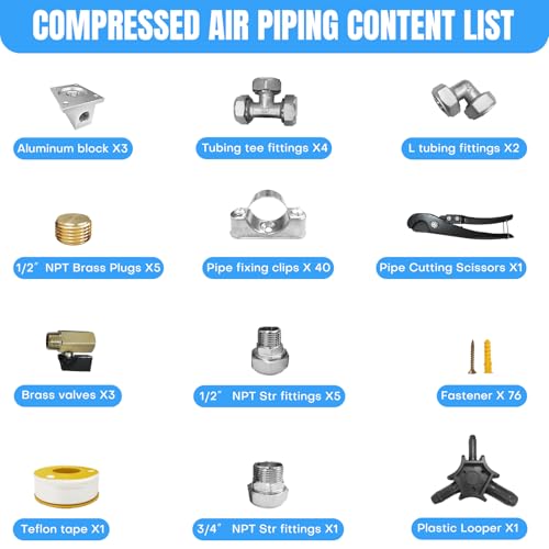 3/4 Inch x 200 FT Shop Air Line Kit, Compressed Air Piping System for Shop, Garage, HDPE Tubing and Aluminum Rapid Air System Includes Right Angle Fittings and Tee Fittings, Air Line Tubing Kit - size: 3/4" x 200ft