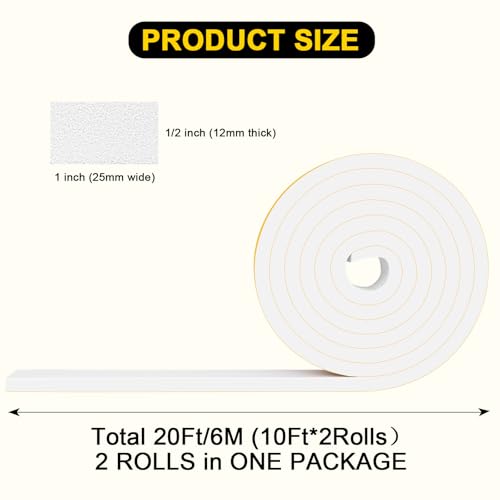 1in x 1/2in Thick Foam Sealing Strips, Strong Adhesive, Weatherproof - color: White, size: 1 In x 1/2 In x 20Ft