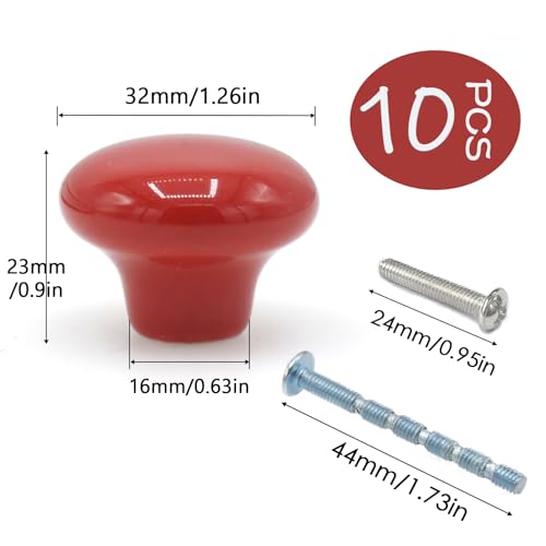 10-Pack Ceramic Cabinet Knobs Red 32mm Round Drawer Pull - color: Red
