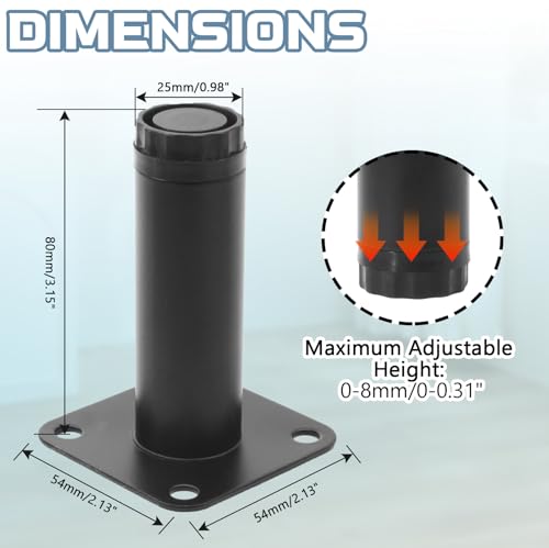 3 Inch Adjustable Steel Furniture Legs 4-Pack 1" Dia (Black) - size: 3 Inch