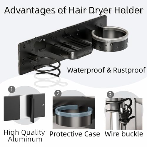 Hair Dryer Holder Wall Mounted Blow Dryer Holder Curling Iron Holder Straightener Holder 3 in 1 Bathroom Metal Hair Tool Organizer Rack（Black） - color: Matte Black