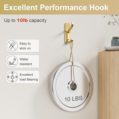 Adhesive Wall Hooks for Towel/Coat,13Lb Strong Stick-On Hooks, Gold 10 Pack - color: Gold, size: 10 Pack