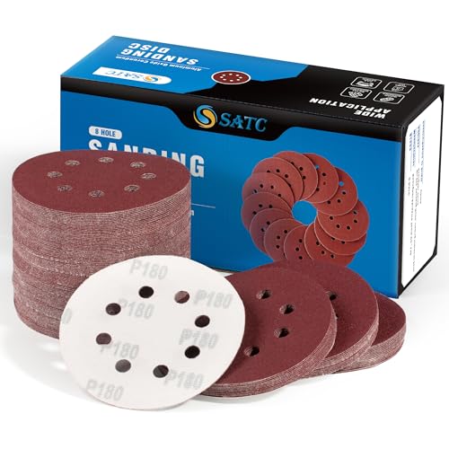 S SATC 150 PCS Hook and Loop Sandpaper 5 Inch Sanding Disc 8 Hole Sanding Discs 180 Grit Premium Aluminum Oxide for Random Orbital Sander - style: 150PCS 5 Inch 180 Grit
