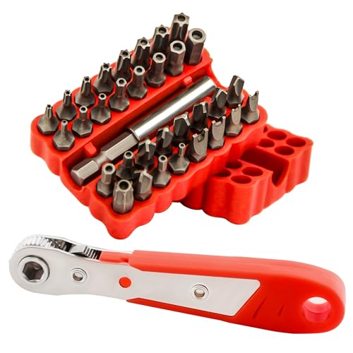 34pcs Security Bit Set 1/4 Inch Hex Shank Screwdriver Bit Set,Tamper Proof Bits-Torx+Hex+Tri Wing+Star+Spanner for Torx Security Screwdriver Set,High Hardness Impact Driver Bit Set(Red+RedRatchet) - color: Red+redratchet