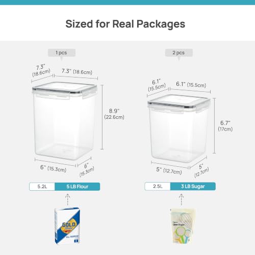 Vtopmart 3 PCS Flour and Sugar Storage Container Sets for Beginner Bakers | BPA Free, Airtight Seal, Dishwasher Safe (Not Lids), 5.2L for 5 lb Flour, 2.5L for 3 lb Sugar, with Label, Scoop - size: 3 Pack