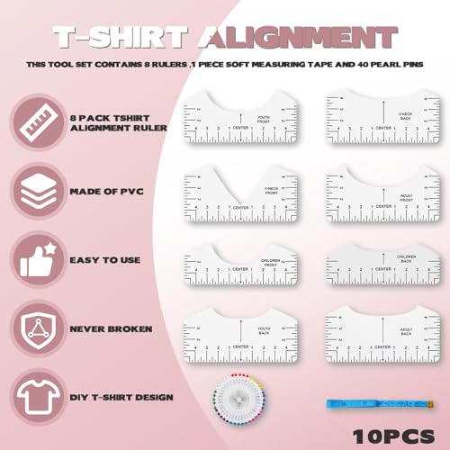 Tshirt Ruler Guide Vinyl Alignment, Transparent V-Neck/Round PVC Ruler for Alignment, Designs Pocket Logo, Fit for Heat Press, Alignment, Children Youth Adult, Front and Back Measurement