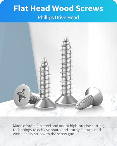 550Pcs 304 Stainless Steel Wood Screws Assortment Kit, Phillips Flat Head Sheet Metal Screw Self Tapping Screws Set, #4#6#8#10#12 Wood Assorted Screws, Length 1/4" to 1-1/2" (Flat Head 550PCS) - style: Flat Head 550PCS