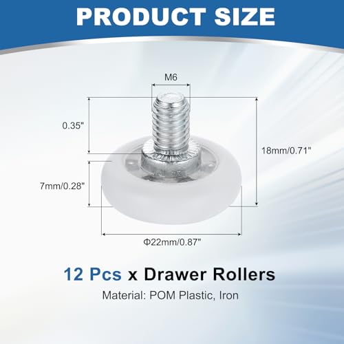 uxcell 12Pcs 22mm Drawer Rollers, M6 x 0.35" Thread Plastic Positioning Pulleys Curved Surface Small Drawer Pulley Bearing Replacement Wheel for Furniture Parts Cabinet Cupboard Slides - size: 22mm M6 x 0.35"