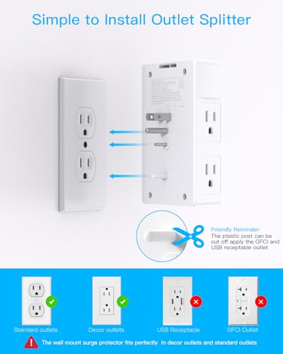 One Beat Surge Protector Wall Outlet Extender,3-Sided Outlet Splitter 1680J - color: White, size: 15.5w,1pcs