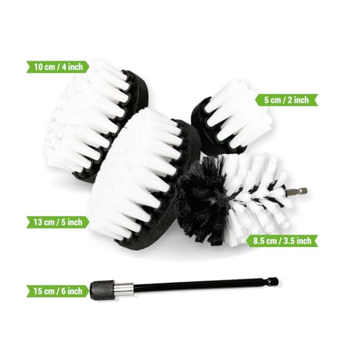 Premium Drill Brush Professional–Extra-Soft 5 pcs Set (5/4/3.5/2 in Brushes + 6 in Extension) | Scratch-Free Multi-Surface Cleaning for Carpet, Upholstery, Leather, Glass and Interior Detail - color: White