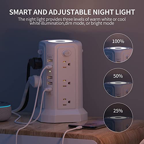 2PC Surge Protector Power Strip Tower with 5 USB Ports and Night Light - color: White-2PC