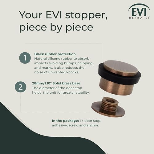 EVI Herrajes | Adhesive Door Stop | Threaded Base | W:1,1in H:0,8in | Leather Brass Finish | Silicone Black Rubber | Simple Fixation | 100% Functional | Mod. I-103/28 - color: Antique Leathe Brass