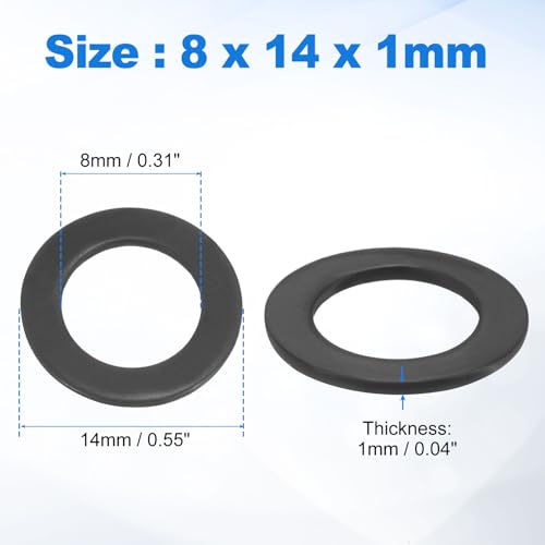 uxcell 75Pcs M8 304 Stainless Steel Flat Washers, ID 8mm, OD 14mm, Thickness 1mm Round Metal Washers for Screws Bolts, Outdoor Construction, Black - size: M8*14*1mm
