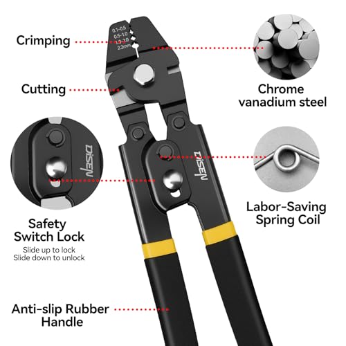 DISEN Wire Rope Crimping Tool, Fishing Crimps, Swaging Tool for Wire Rope, Wire Crimper for Aluminum Oval Sleeves from 3/32 inch to 1/64 inch, Chrome Vanadium Steel, Phosphated Black