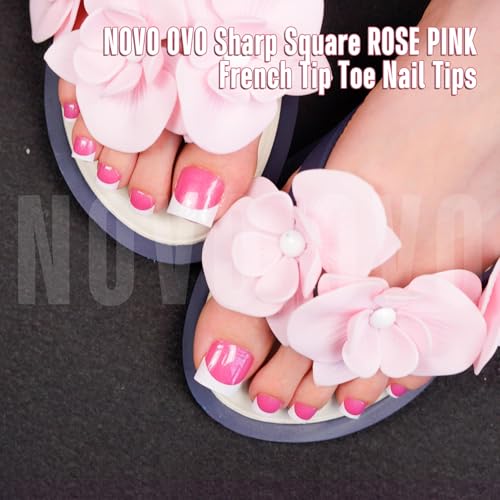 NOVO OVO French Tip Toe Nail Tips press on, ROSE PINK WITH GLITTER Sharp Square Toe Nail Tips Toenail Extension, Need Builder Gel & Top Coat, no Glue, Full Cover Acrylic for DIY 15 Sizes 240 pcs - color: Sharp Square White French Tip Rose Pink