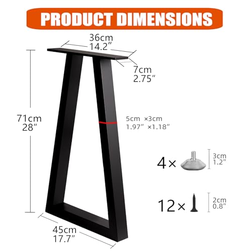 Metal Table Legs 28x17.7 Inch Trapezoid Desk Legs, Heavy Duty Industrial Steel Furniture Feet Set of 2 for DIY Kitchen Table Base, Console, Computer Desks (Black) - size: H28" × W17.7" T