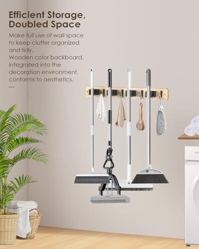 AceMining Light Wood Broom Holder Wall Mount, 4 Holders 4 Hooks Mop Holder - color: Light Wood, size: 1 Pack