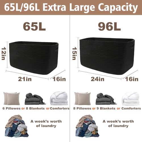 JMvicyroam 96L Large Woven Cotton Rope Blanket Basket, Black - color: Black, size: 96L