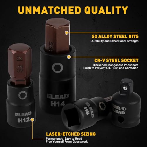 16-Piece Metric Hex Bit Socket Set - Premium S2 Steel 2mm-14mm Allen Socket Set with Socket Adapters, 1/4”, 3/8” and 1/2” Drive | Professional Mechanic Garage Tools - color: Metric Hex Black