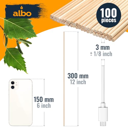 ALBO Wooden Dowel Rods 100 PCS 1/8" x 12" Inch Round Wood Sticks for Crafts, DIY Projects and Macrame Hardwood Assorted Bouquet Sticks Cake Dowels for Tiered Cakes - size: 1/8" x 12" 100 Pcs
