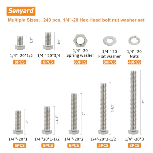 Senyard 240PCS 1/4-20 Bolts and Nuts Kit (Stainless Steel, 1/4-20 Hex Bolts, Nuts, Washers, Wrench) - size: 1/4-20 bolts