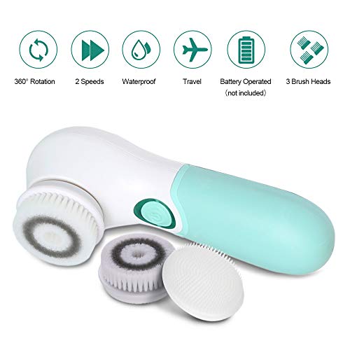 Facial Cleansing Brush Electric Facial Exfoliating Massage Brush with 3 Cleanser Heads and 2 Speeds Adjustable for Deep Cleaning, Removing Blackhead, Face Massaging - color: Green