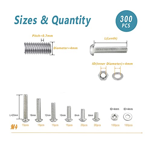 Kadrick 304 Stainless Steel Screws,300 Pcs M4 Screw Assortment Button Head Socket Cap,M4x6mm,8mm,10mm,12mm,16mm,20mm Metric Bolts Nuts Washers Kit with 1 Hex Allen Wrenche - size: M4 300Pcs Button Head