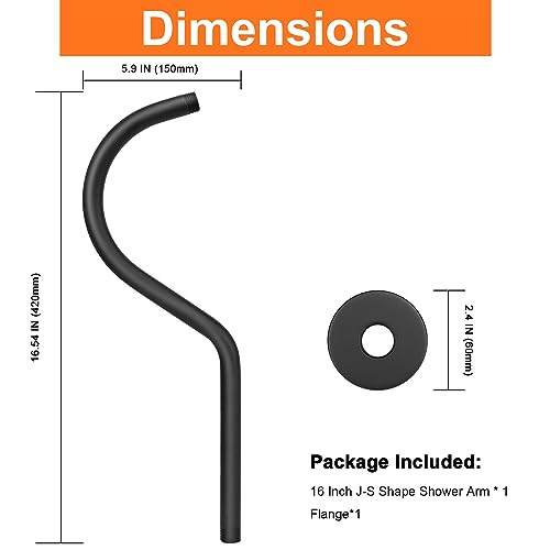 S Shaped Shower Arm, High Rise Shower Head Extension Pipe Standard 1/2" Connection with Flange, Awesome Shower Experience-Stainless Steel Bathroom Accessory(16 Inch J-S Shape, Matte Black) - color: Matte Black, style: 16" J Shape