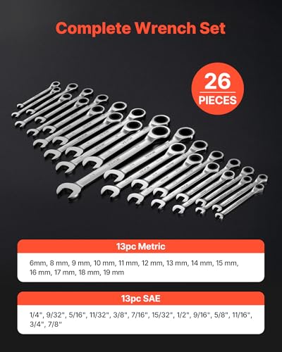 VEVOR Combination Wrench Set, 26-Piece SAE and Metric, 72 Teeth, Cr-V Steel Ratcheting Wrench Set, with Rack Organizer, Open End, Clear Size Labels, for General Household, Automotive Repairs, Silver - size: 26PCS (Metric&SAE), style: Regular