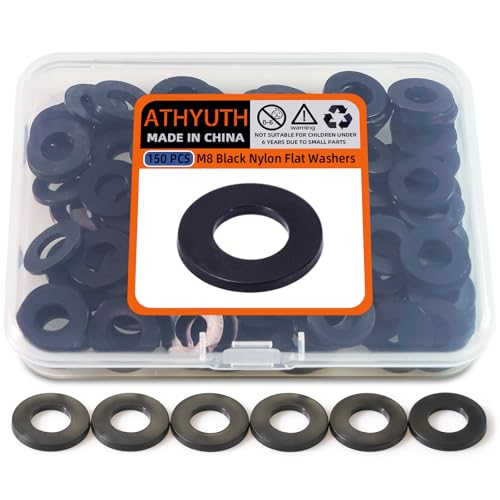 M8 Black Nylon Washers, 8mm ID, 16mm OD, 1.5mm Thickness, Plastic Round Washer, 150 Pieces Flat Washers Hardware Set - size: M8