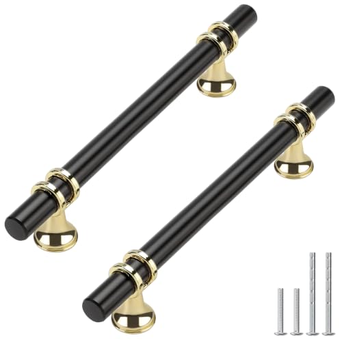 Haliwu 10 Pack 5 Inch Black and Gold Cabinet Handles | 128mm Hole Center, Solid Aluminum and Zinc Alloy, Kitchen Pulls Hardware for Bathroom Drawer Dresser - color: Black&Gold, size: 5-inch (128mm) hole spacing