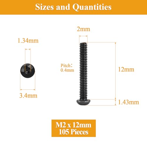 105 Pieces M2 x 12mm Button Head Socket Cap Screws, Thread Pitch 0.4mm, Sutemribor M2 Black Screws, 10.9 Grade Alloy Steel, Black Oxide Finish, Fully Threaded - size: M2 x 12mm, style: Button Head