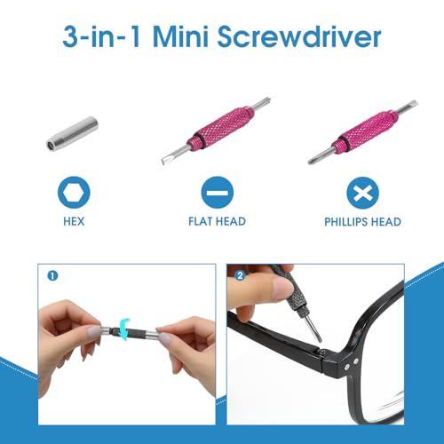 UNEAK - Eyeglass Screwdriver Repair Kit Pink and Black Precision 3 in 1 Mini Screwdrivers Set Keychain Glasses, Sunglasses, Sunglass, Watch, Electronics, Eyeglasses, Flat Head, Phillips, Hex - color: Pink and Black
