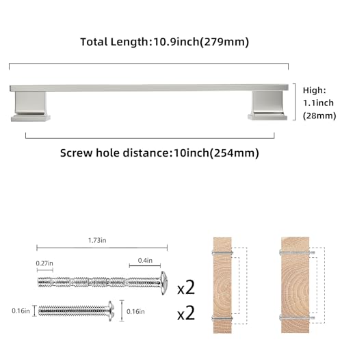 COTYKILEY 10 Pack 10 Inch(256mm) Brushed Satin Nickel Cabinet Handles Kitchen Cabinet Pulls Cabinet Door Handles Kitchen Cabinet Hardware - color: Brushed Satin Nickel, size: 10" Hole Center（256MM）