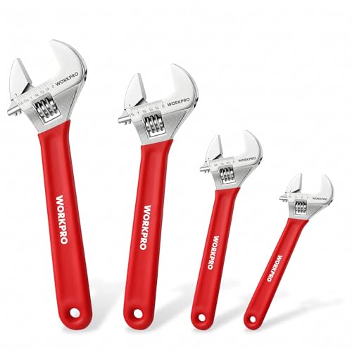 WORKPRO 4-Piece Red Wide Jaw Adjustable Wrench Set, 6"-12", Chrome Plated - color: Red