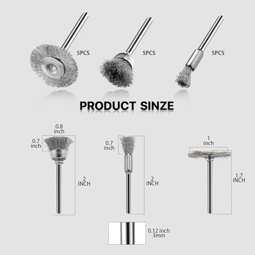 15 Pieces Stainless Steel Wire Brushes, Wire Brush Wheel, Steel Wire Polishing Wheel Kits for Dremel Rotary Tools (1/8 Inch Mandrel) - color: silver