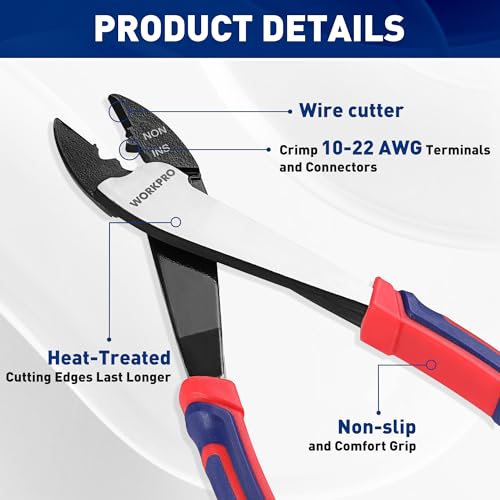 WORKPRO 9.5" Wire Cutter/Crimper, Wire Crimping/Cutting Tool for 10-22 AWG Terminals and Connectors, Designed for Insulated and Non-Insulated Connections (Pack of 2) - size: 9.5 inches (Pack of 2)