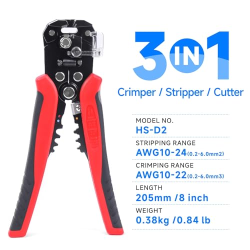 3-in-1 Automatic Wire Stripper/Cutter/Crimper, AWG10-24, 8 Inch Multi Pliers For Electrical Wire Stripping, Cable Cutting, Crimping（WKS-D2）