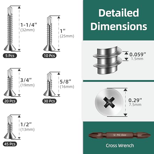 110pcs #8 Sheet Metal Self Tapping Screws Assortment Kit, 410 Stainless Steel Flat Head High-Strength Fast Self-Drilling Screws, Bright Finish - size: #8 Kit