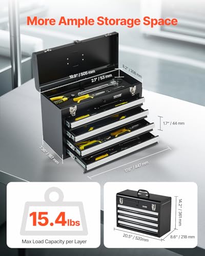 VEVOR Metal Tool Box, 20.5-inch, Portable Metal Tool Box with 4 Drawers, Small Tool Chest with EVA Liners, Ball Bearing Slide Drawers Locking & Powder Coated Finish, Multi-Function Tool Organizer - size: 4 Drawers-Black