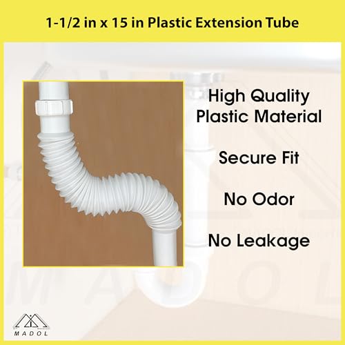 Flexible Extension Pipe, 1-1/2 inch x 15 inch with Adapter for 1 1/4" Inlet Tube with Slip-Joint Nut and Washer for P-Trap Connection used with Kitchen or Bathroom Drain- White Plastic Polypropylene