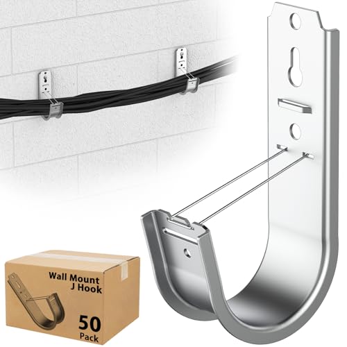 50 Pack 2 Inch Cable Support J Hook Wall Mount J Hook with Retainer Clip, Galvanized Steel for Cable Management & Organization Solution - size: 50 Pack