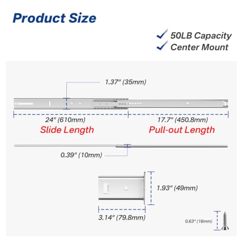 24 Inch Center Mount Drawer Slides 4 Pcs, Heavy Duty Hidden Rails - size: 24 Inch