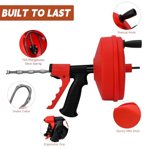 50 FT Drain Snake 11-in-1 Double Mode Drain Auger Tools | for Sink and Drain Unblocking, Plumbing Snake for Kitchen, Bathrom and Shower Sink, Drain Clog Remover for Real DYIs - color: Red-50FT
