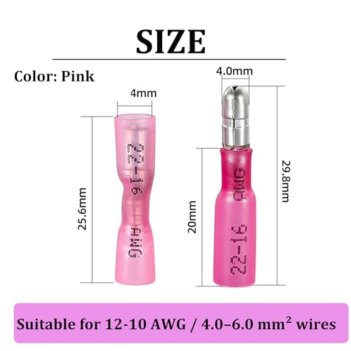 200PCS Heat Shrink Bullet Connectors, Bullet Terminals, Female and Male Crimp Connectors for Watercraft, Electronics, Automotive AWG22-18-Pink - color: Pink AWG22-18