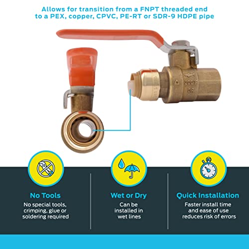 SharkBite 1/2 x 1/2 Inch Ball Valve with FNPT Connector, Push to Connect Brass Plumbing Fitting, PEX Pipe, Copper, CPVC, PE-RT, HDPE, 22182-0000LF - size: 1/2 in. x 1/2 in., style: SharkBite
