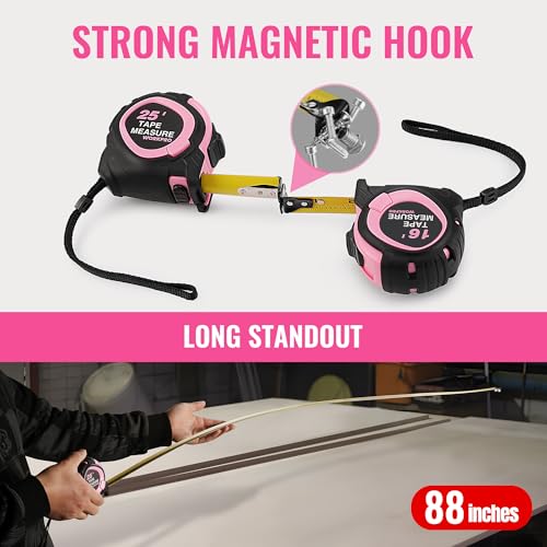 WORKPRO 25-FT Tape Measure with Fractions, 3 Brakes Retractable Measuring Tape, Compact Measurement Tape with Magnetic Hook, Nylon Coating Blade Accuracy 1/32”, Pink - size: 25-FT