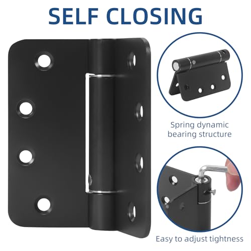 6 Pack Self Closing Door Hinges, 4 Inch Spring Loaded Hinges Adjustable Tension Spring Hinges with 1/4'' Radius Corners, Heavy-Duty Door Hardware for Commercial and Residential Doors, Matte Black