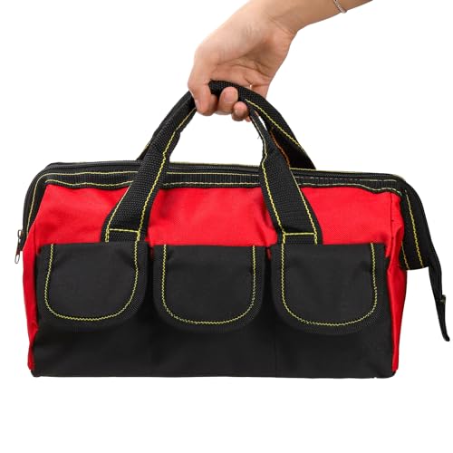 3 Pack Tool Bag, Wide Mouth Tool Tote Bag with Waterproof Base, Heavy Duty Tool Storage Bag Organizer for Various Tools, 5 Pockets, Blue, Yellow, Red, 12 Inch