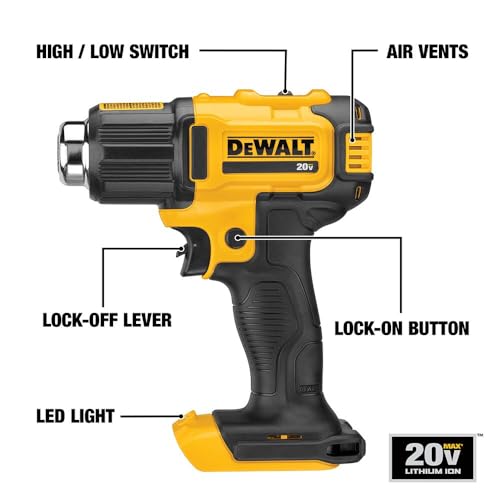 DEWALT 20V MAX Heat Gun, Cordless, Up to 990 Degrees, 42 Minutes of Run Time, LED Light, Heatgun with Flat and Hook Nozzle Attachments,Tool Only (DCE530B)